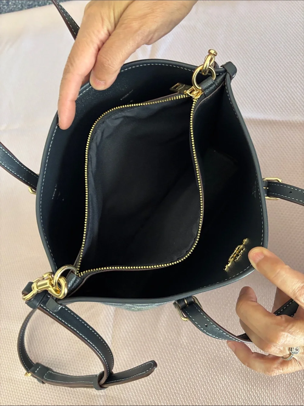 Coach Navy Signature Jacquard Satchel with Gold Hardware